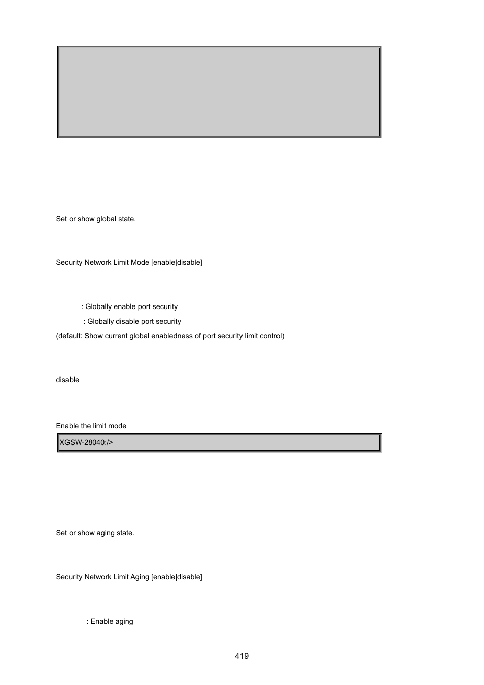 Security network limit mode, Security network limit aging | PLANET XGSW-28040 User Manual | Page 419 / 574