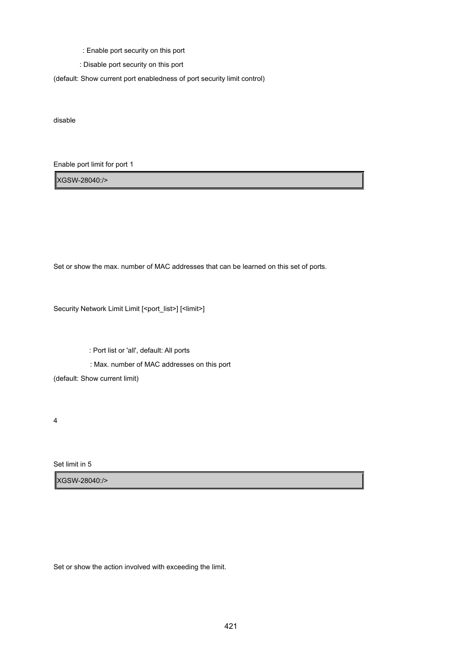 Security network limit limit, Security network limit action | PLANET XGSW-28040 User Manual | Page 421 / 574