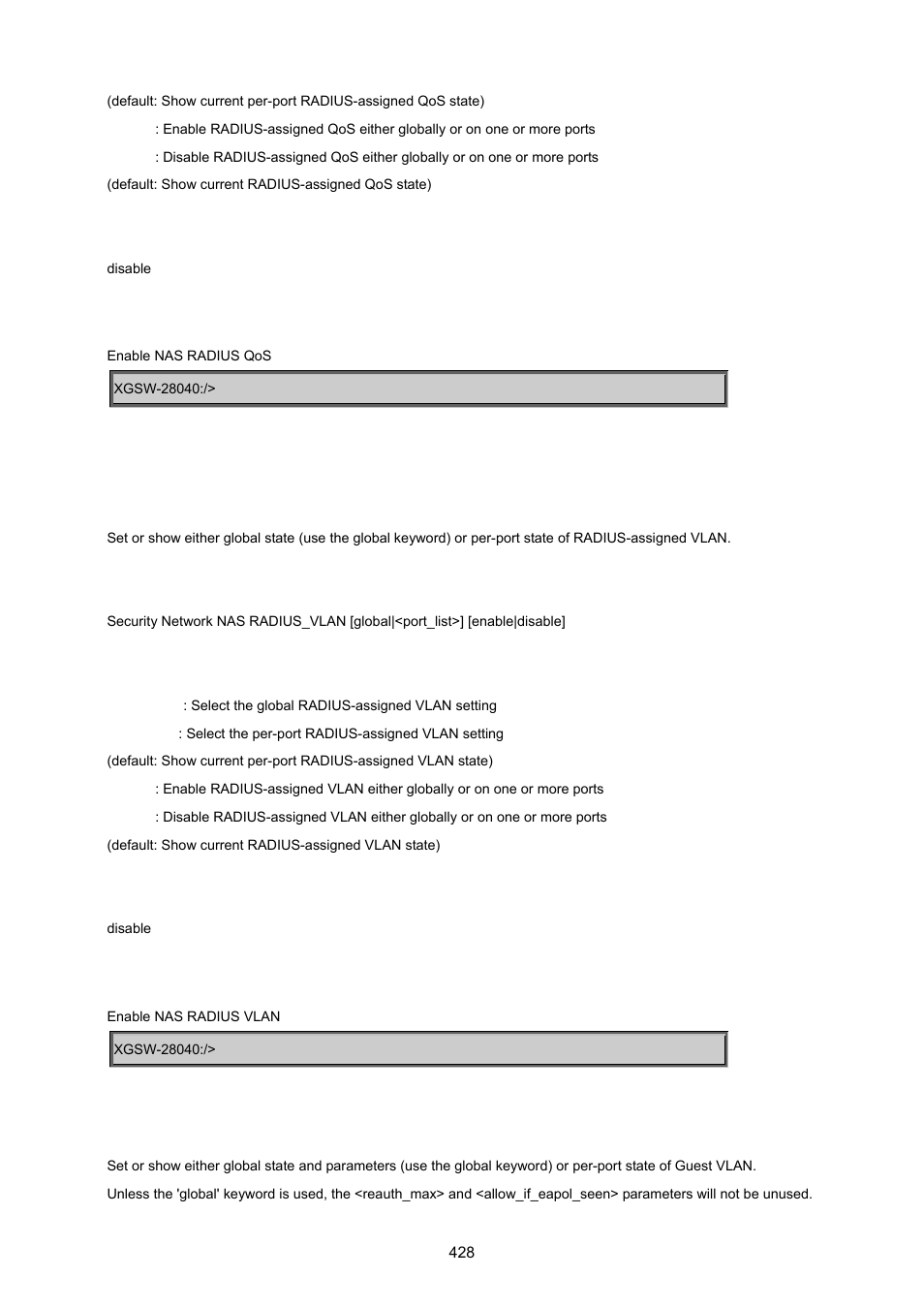 Security network nas radius_vlan, Security network nas guest_vlan | PLANET XGSW-28040 User Manual | Page 428 / 574