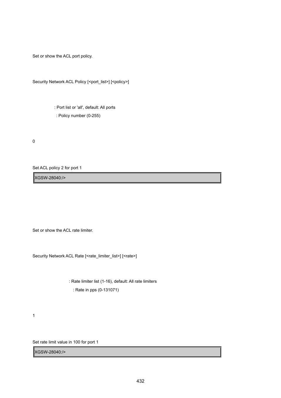 Security network acl policy, Security network acl rate | PLANET XGSW-28040 User Manual | Page 432 / 574