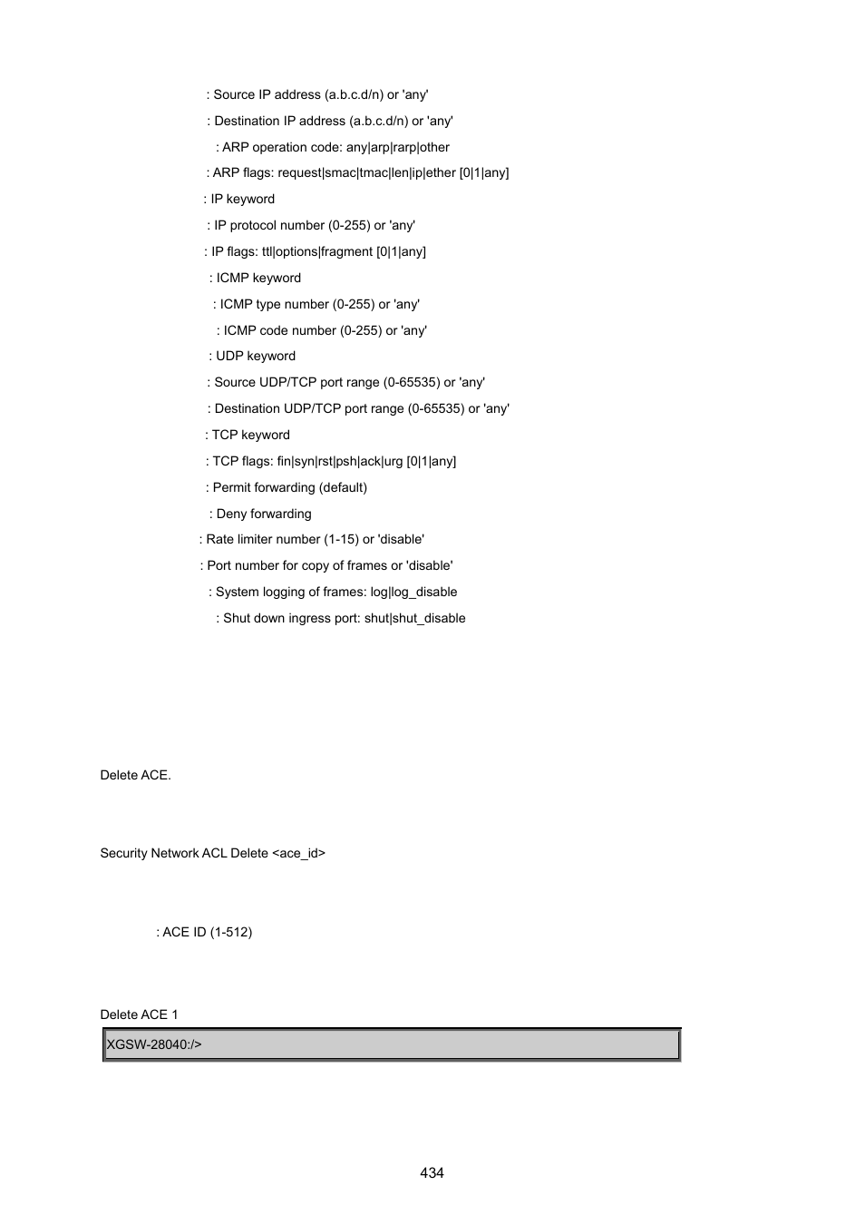 Security network acl delete | PLANET XGSW-28040 User Manual | Page 434 / 574