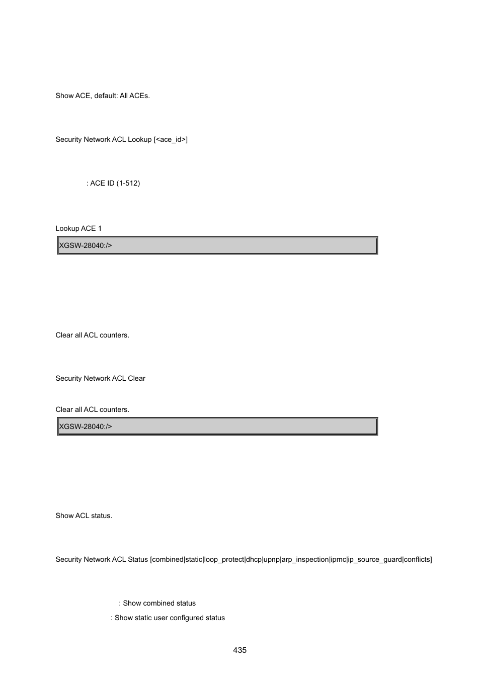 Security network acl lookup, Security network acl clear, Security network acl status | PLANET XGSW-28040 User Manual | Page 435 / 574