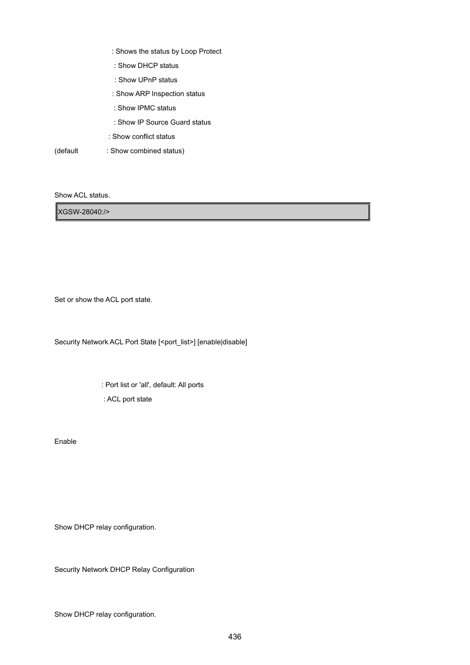 Security network acl port state, Security network dhcp relay configuration | PLANET XGSW-28040 User Manual | Page 436 / 574