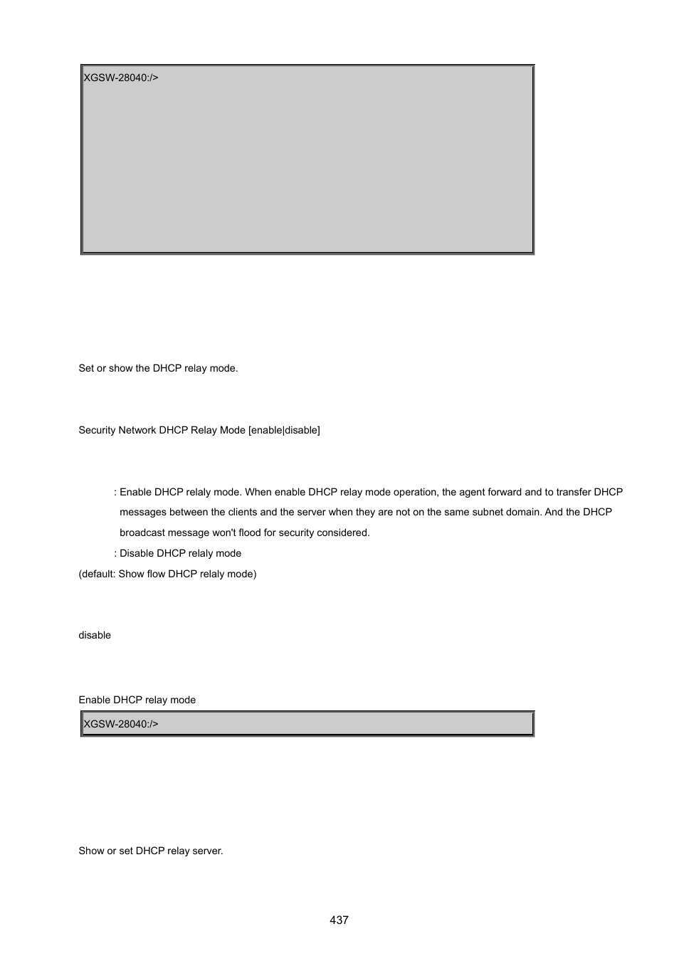 Security network dhcp relay mode, Security network dhcp relay server | PLANET XGSW-28040 User Manual | Page 437 / 574