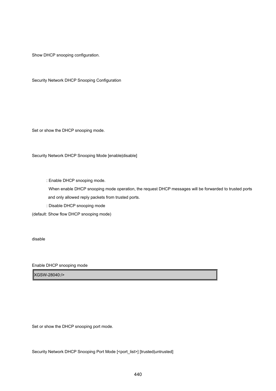 Security network dhcp snooping configuration, Security network dhcp snooping mode, Security network dhcp snooping port mode | PLANET XGSW-28040 User Manual | Page 440 / 574