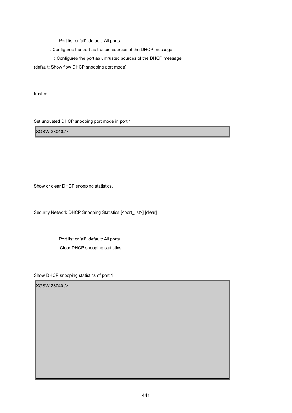 Security network dhcp snooping statistics | PLANET XGSW-28040 User Manual | Page 441 / 574