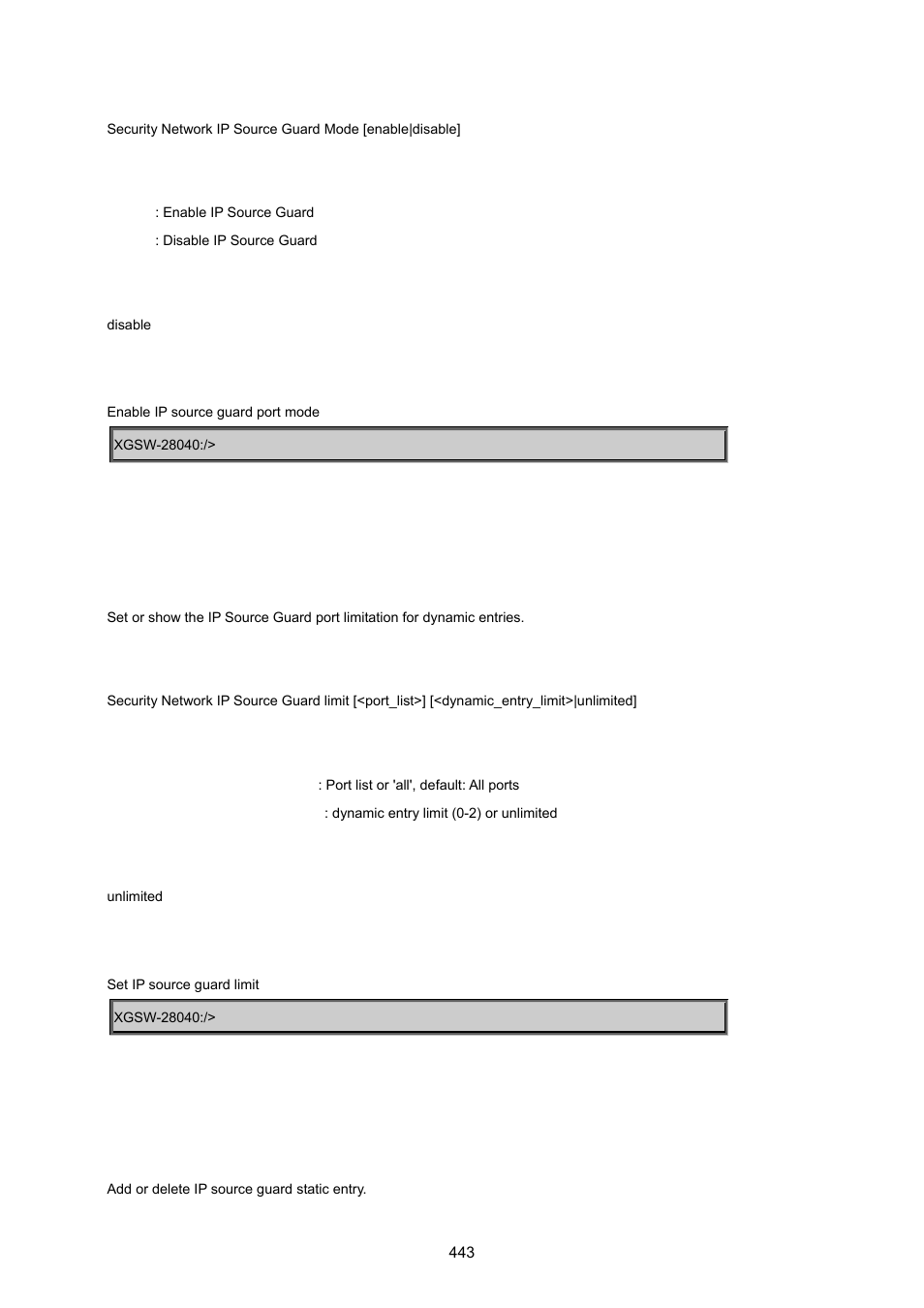 Security network ip source guard limit, Security network ip source guard entry | PLANET XGSW-28040 User Manual | Page 443 / 574