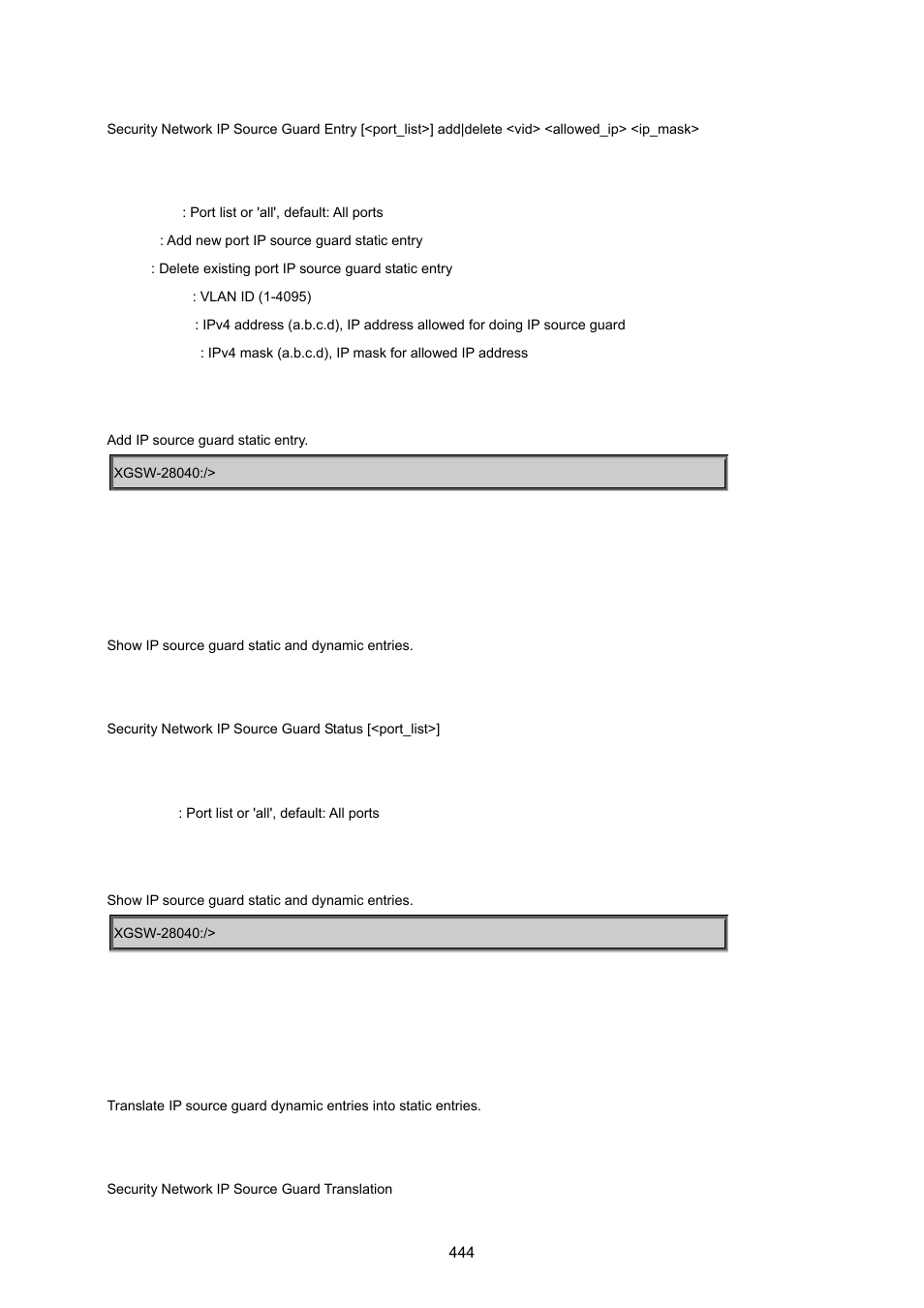 Security network ip source guard status, Security network ip source guard translation | PLANET XGSW-28040 User Manual | Page 444 / 574