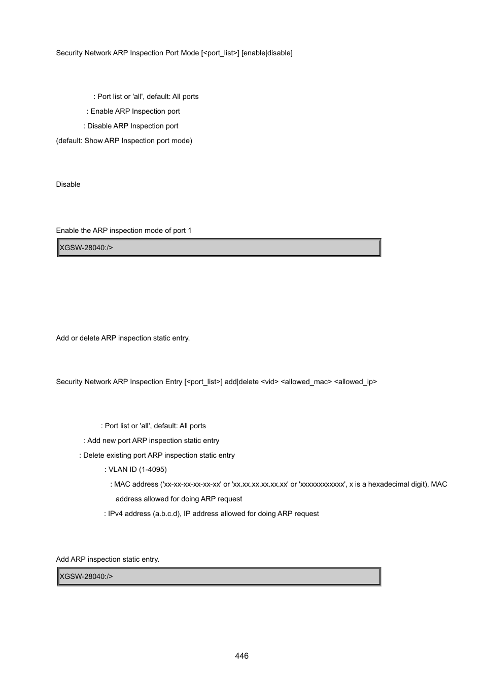 Security network arp inspection entry | PLANET XGSW-28040 User Manual | Page 446 / 574