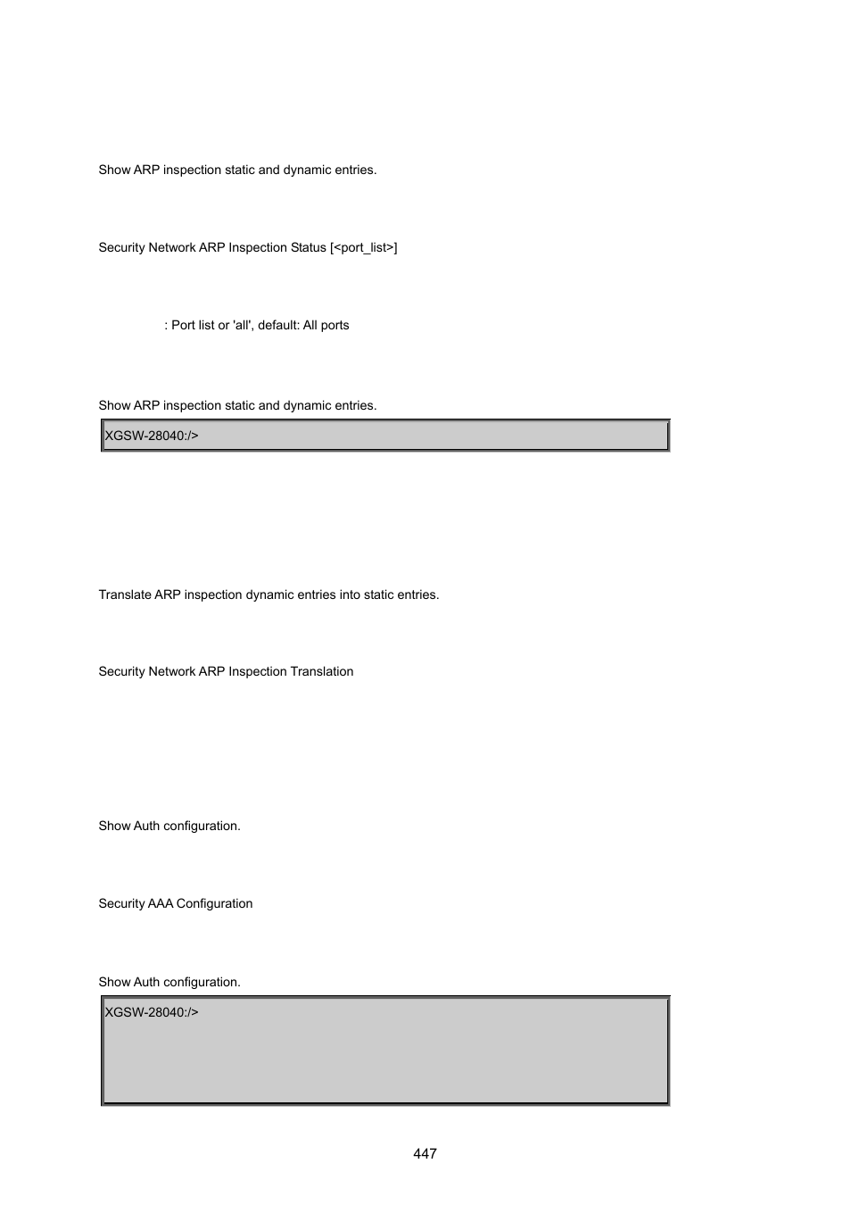 Security network arp inspection status, Security network arp inspection translation, Security aaa configuration | PLANET XGSW-28040 User Manual | Page 447 / 574