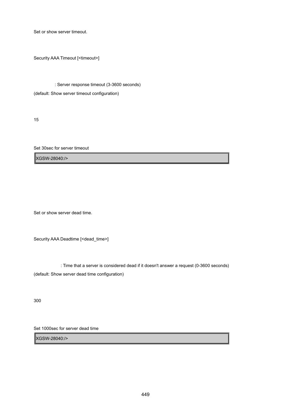 Security aaa deadtime | PLANET XGSW-28040 User Manual | Page 449 / 574