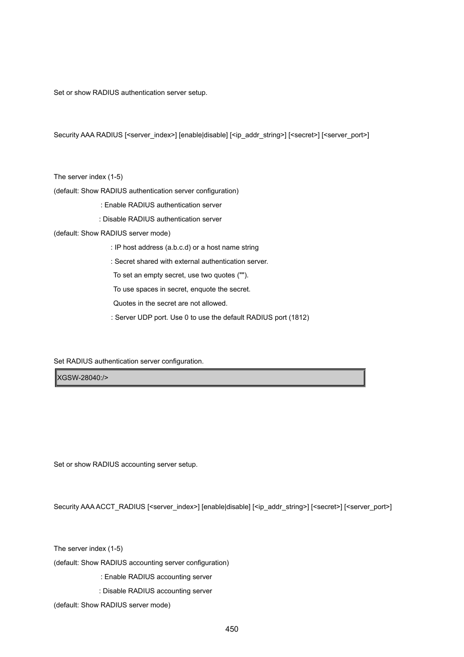 Security aaa radius, Security aaa acct_radius | PLANET XGSW-28040 User Manual | Page 450 / 574