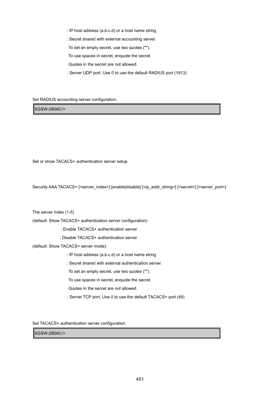 Security aaa tacacs | PLANET XGSW-28040 User Manual | Page 451 / 574