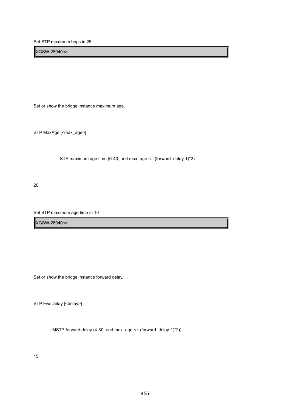 Stp maxage, Stp fwddelay | PLANET XGSW-28040 User Manual | Page 455 / 574