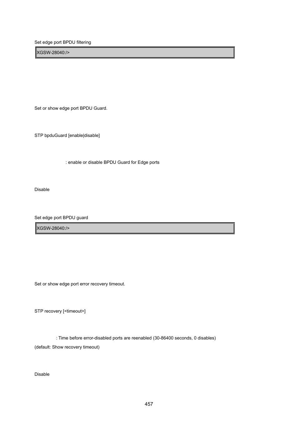 Stp bpdu guard, Stp recovery | PLANET XGSW-28040 User Manual | Page 457 / 574
