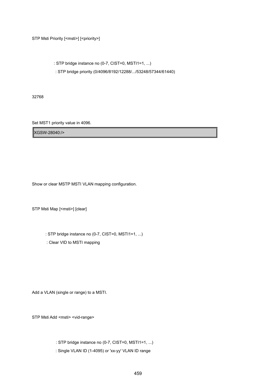 Stp msti map, Stp msti add | PLANET XGSW-28040 User Manual | Page 459 / 574