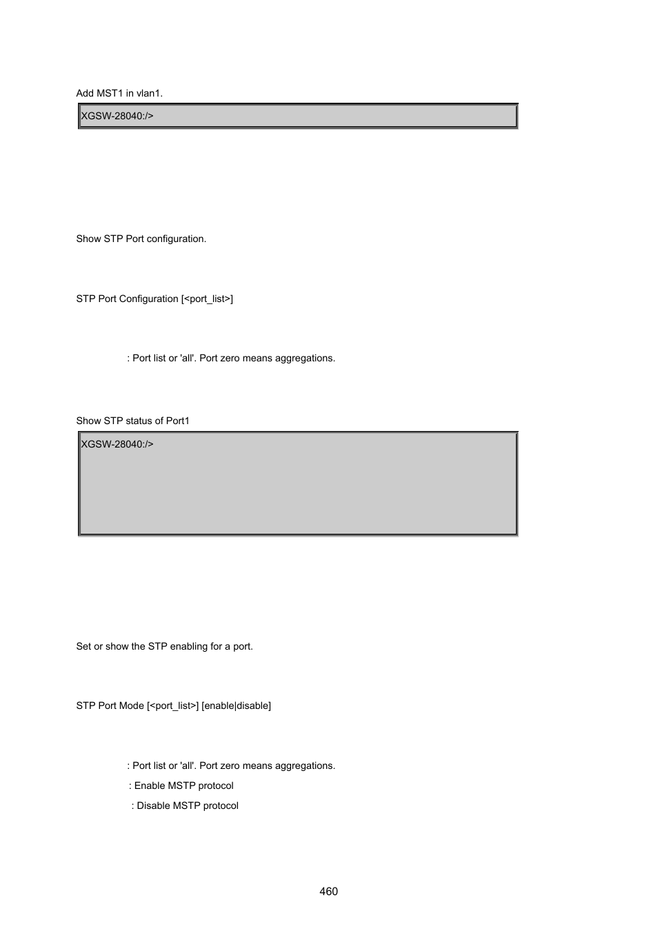 Stp port configuration, Stp port mode | PLANET XGSW-28040 User Manual | Page 460 / 574