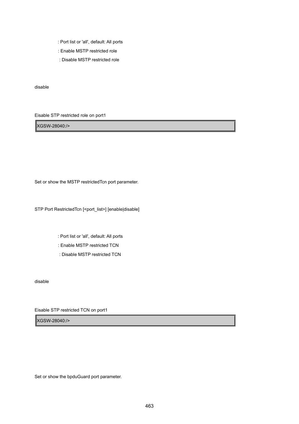 Stp port restrictedtcn, Stp port bpduguard | PLANET XGSW-28040 User Manual | Page 463 / 574