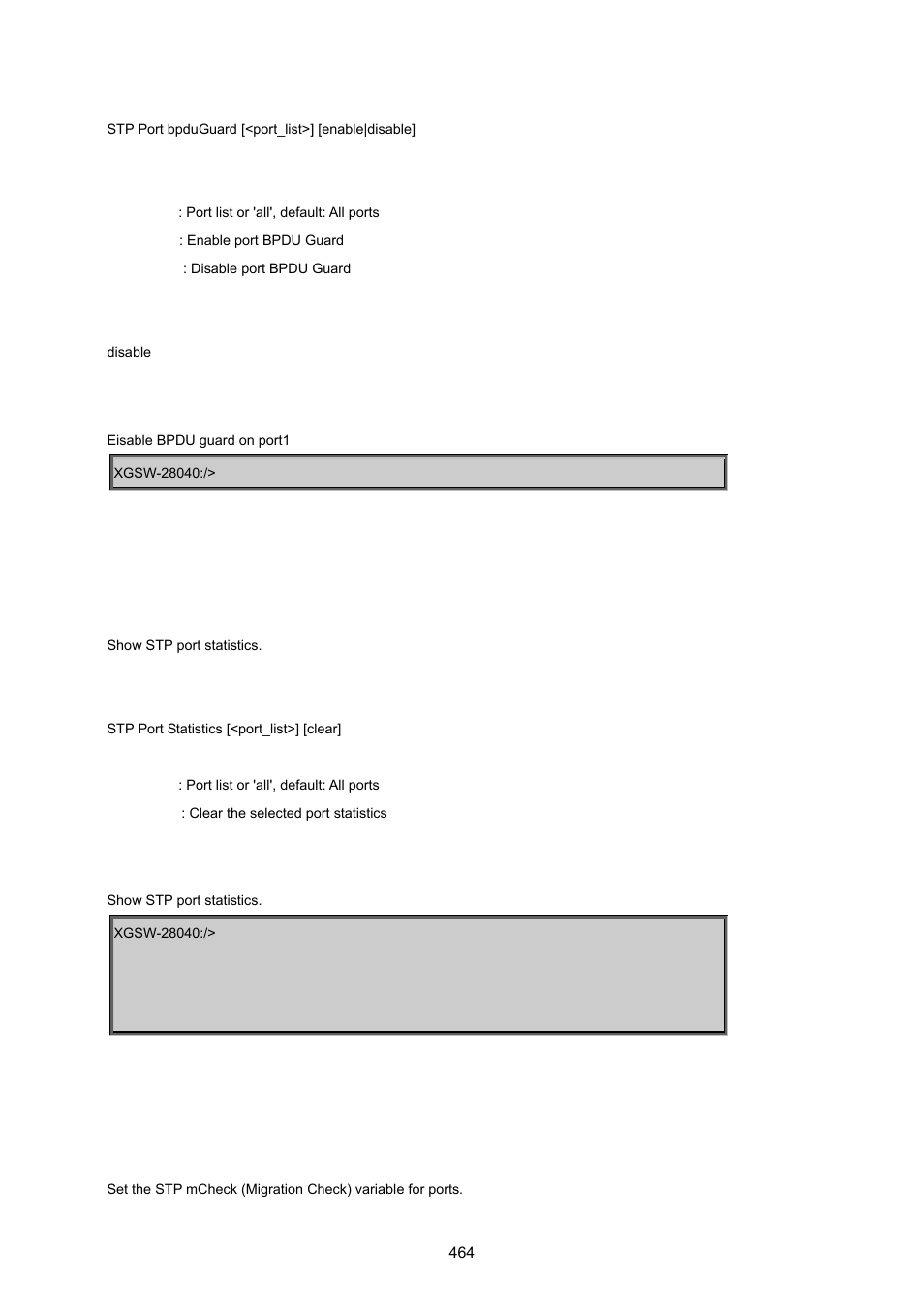 Stp port statistic, Stp port mcheck | PLANET XGSW-28040 User Manual | Page 464 / 574