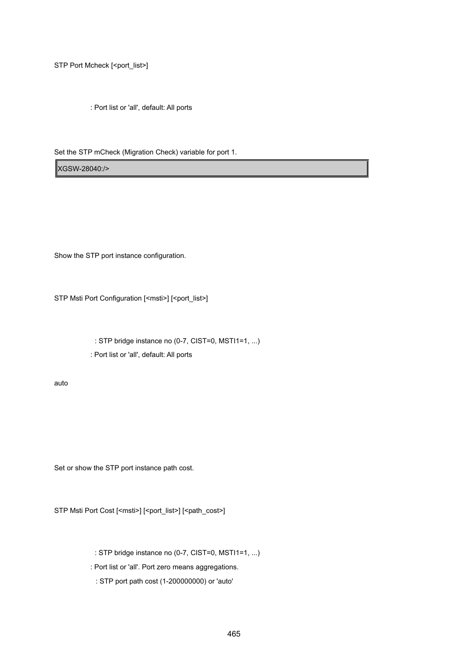 Stp msti port configuration, Stp msti port cost | PLANET XGSW-28040 User Manual | Page 465 / 574