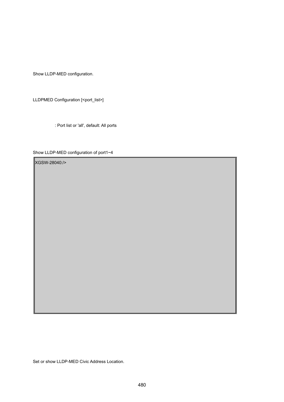 12 lldpmed command, Lldpmed configuration, Lldpmed civic | PLANET XGSW-28040 User Manual | Page 480 / 574