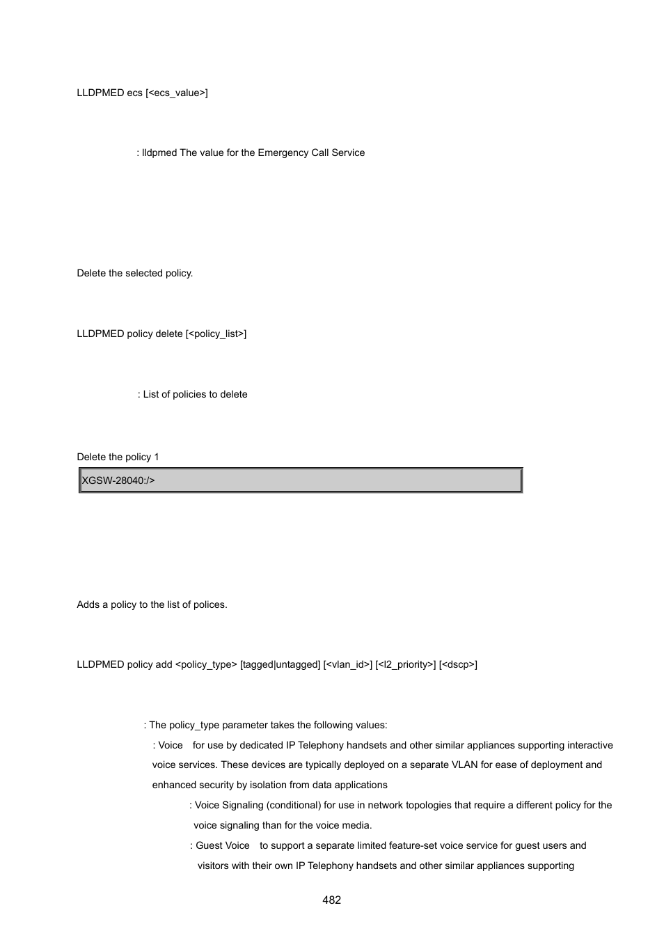 Lldpmed policy delete, Lldpmed policy add | PLANET XGSW-28040 User Manual | Page 482 / 574