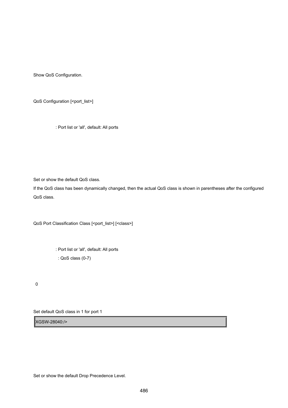 13 quality of service command, Qos configuration, Qos port classification class | Qos port classification dpl | PLANET XGSW-28040 User Manual | Page 486 / 574