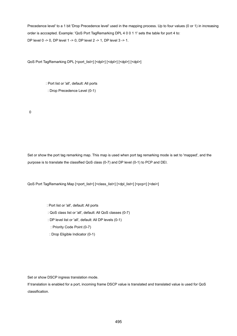 Qos port tagremarking map, Qos port dscp translation | PLANET XGSW-28040 User Manual | Page 495 / 574