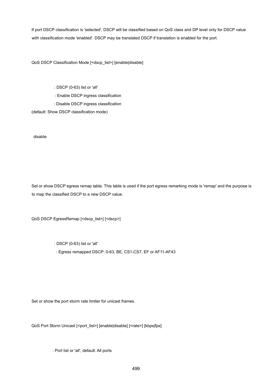 Qos dscp egressremap, Qos port storm unicast | PLANET XGSW-28040 User Manual | Page 499 / 574