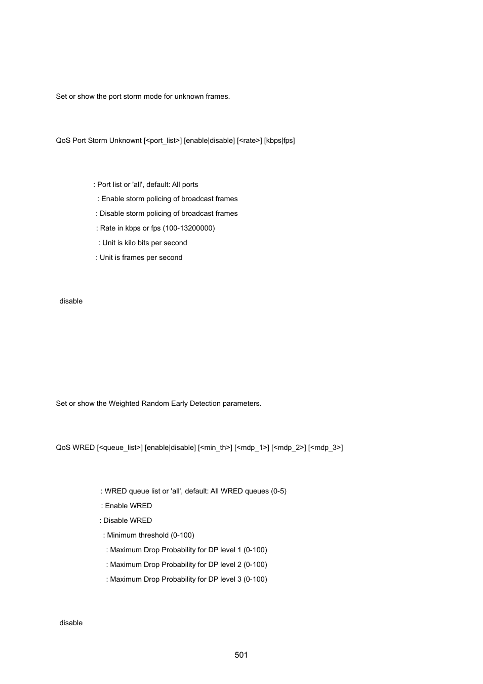 Qos port storm unknownt, Qos wred | PLANET XGSW-28040 User Manual | Page 501 / 574