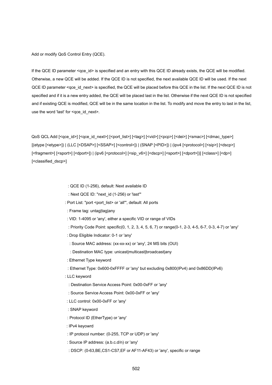 Qos qcl add | PLANET XGSW-28040 User Manual | Page 502 / 574