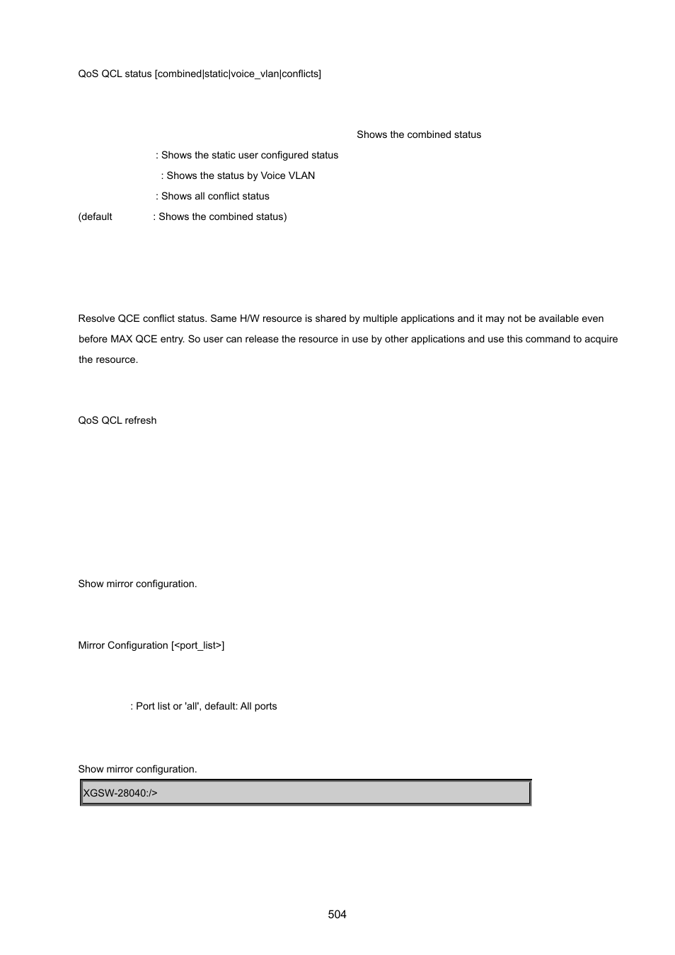 Qos qcl refresh, 14 mirror command, Mirror configuration | PLANET XGSW-28040 User Manual | Page 504 / 574