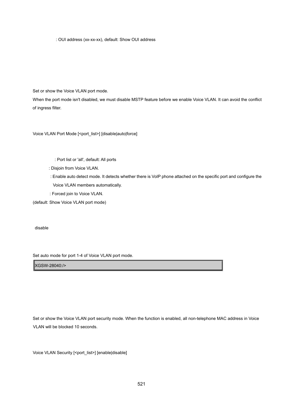 Voice vlan port mode, Voice vlan security | PLANET XGSW-28040 User Manual | Page 521 / 574