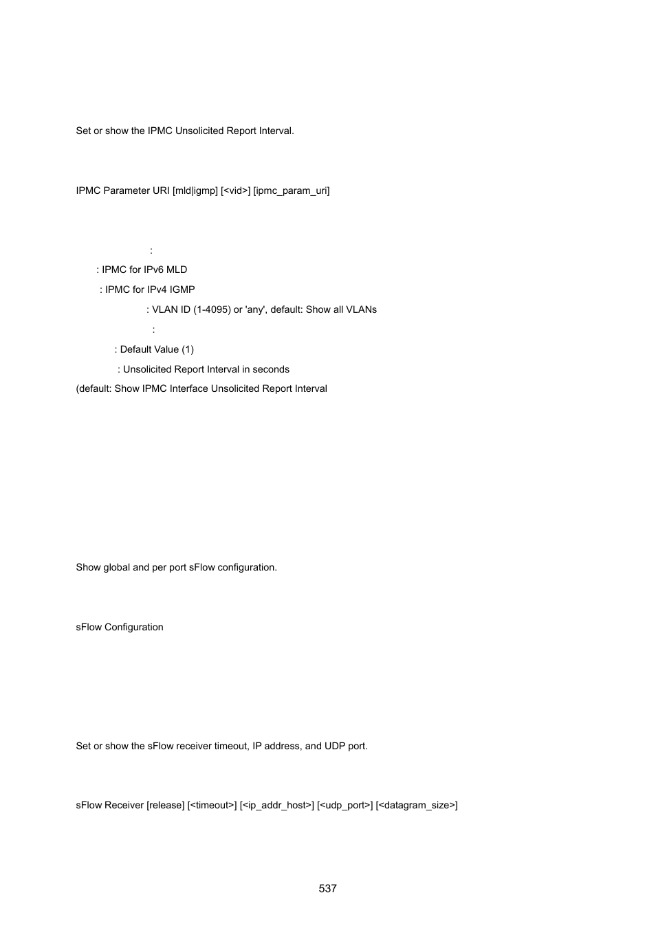 Ipmc parameter uri, 22 sflow command, Sflow configuration | Sflow receiver | PLANET XGSW-28040 User Manual | Page 537 / 574