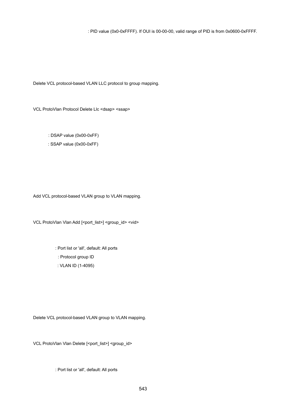 Vcl protocol-based vlan delete llc, Vcl protocol-based vlan add, Vcl protocol-based vlan delete | PLANET XGSW-28040 User Manual | Page 543 / 574