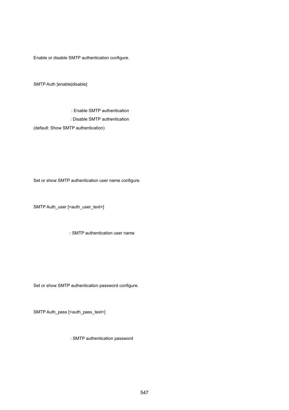 Smtp auth, Smtp auth_user, Smtp auth_pass | PLANET XGSW-28040 User Manual | Page 547 / 574