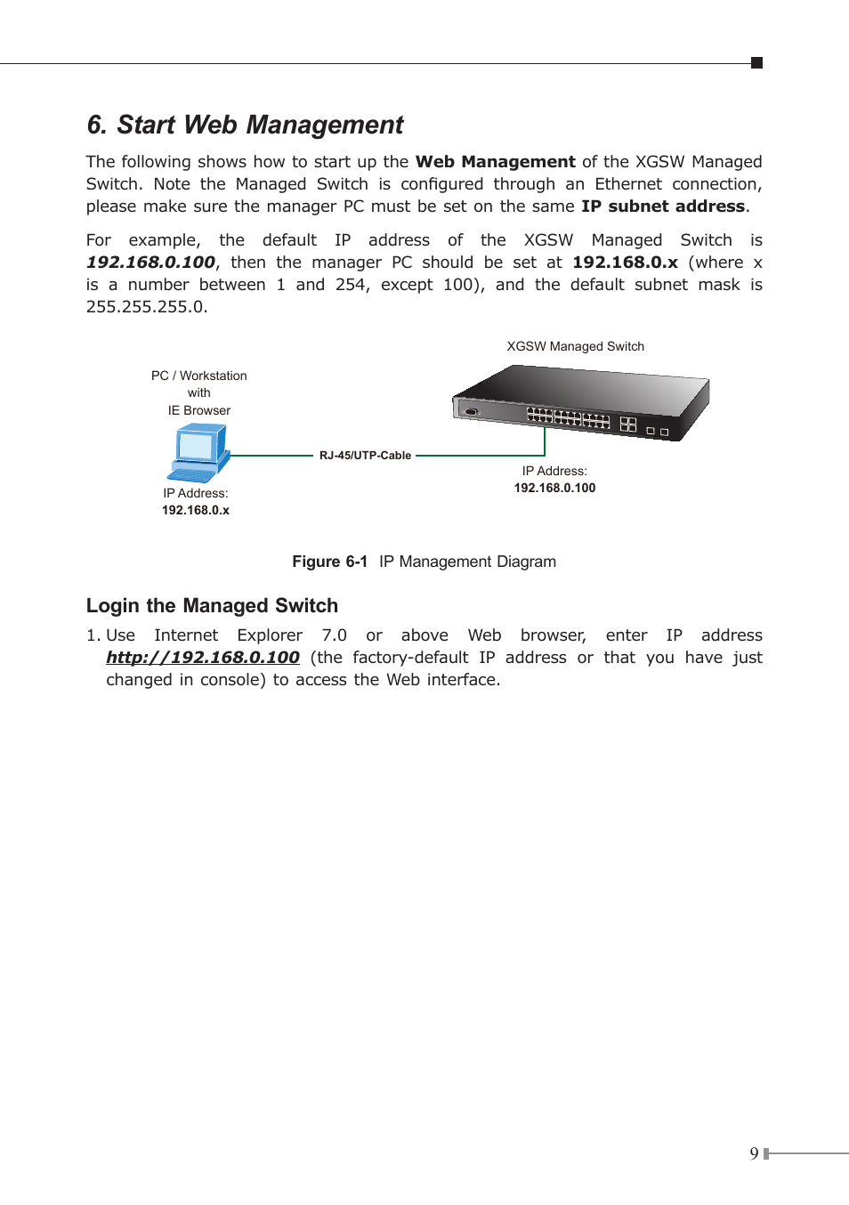 Start web management, Login the managed switch | PLANET XGSW-28040 User Manual | Page 9 / 12
