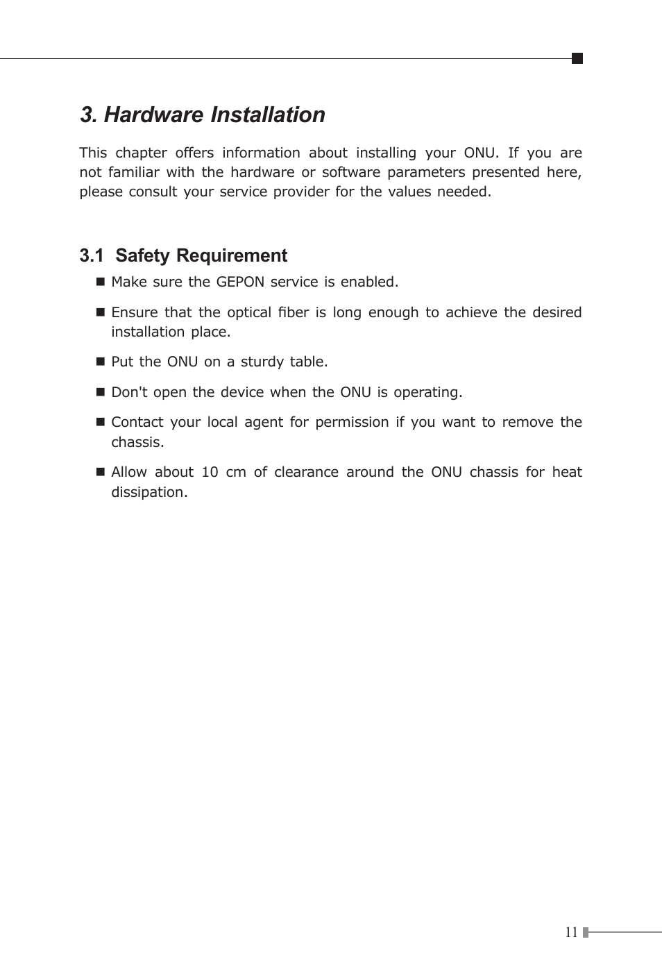 Hardware installation, 1 safety requirement | PLANET EPN-103 User Manual | Page 11 / 20