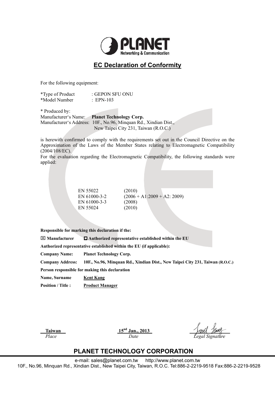 Planet technology corporation, Ec declaration of conformity | PLANET EPN-103 User Manual | Page 18 / 20