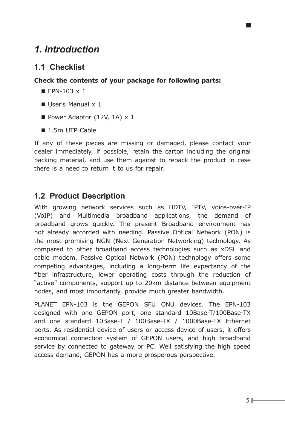 Introduction, 1 checklist, 2 product description | PLANET EPN-103 User Manual | Page 5 / 20