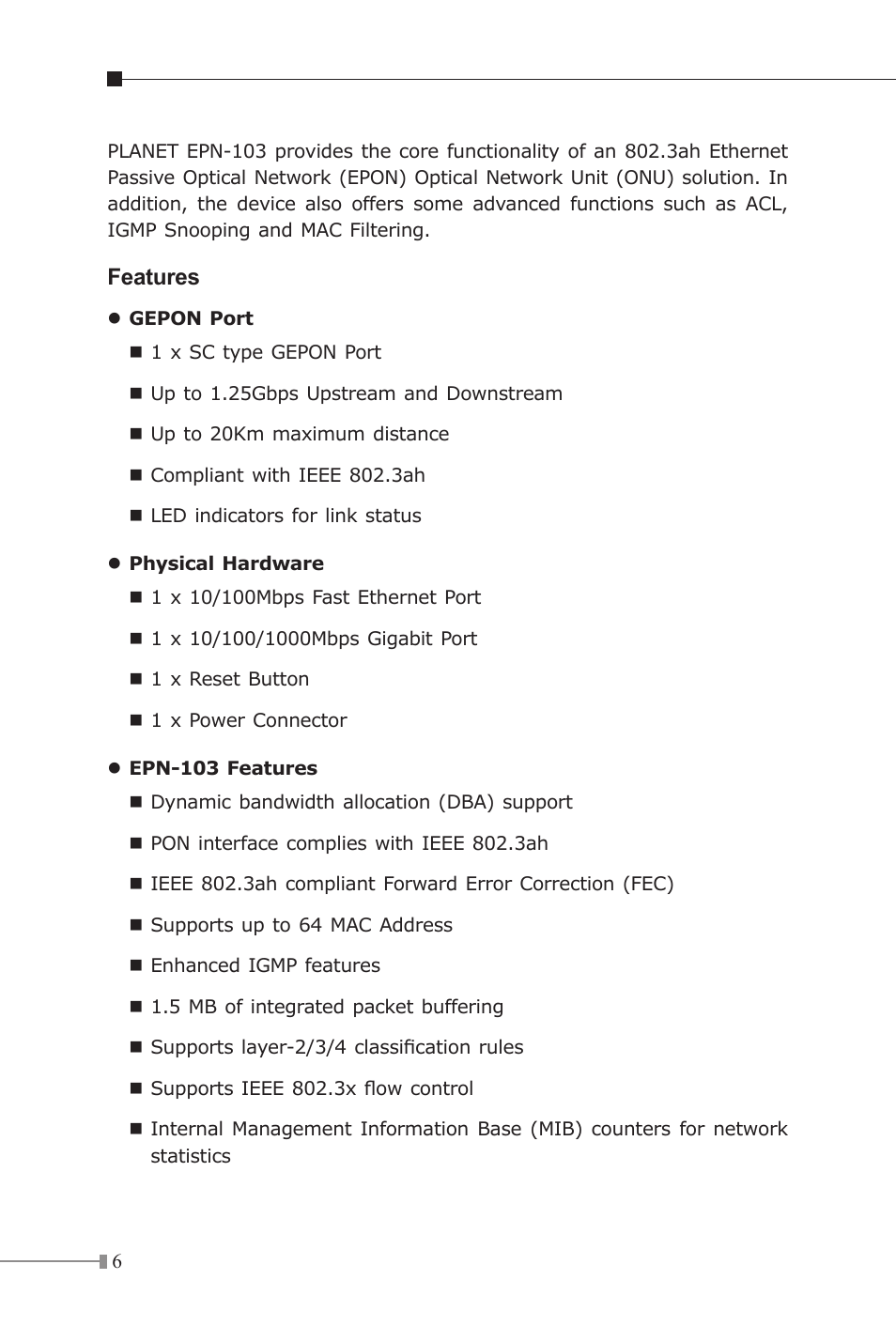 Features | PLANET EPN-103 User Manual | Page 6 / 20