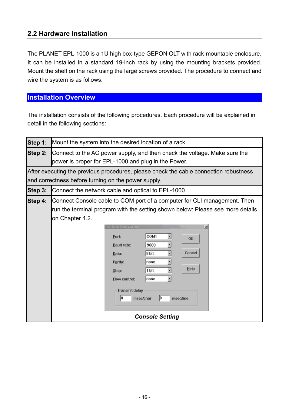 2 hardware installation | PLANET EPL-1000 User Manual | Page 16 / 83