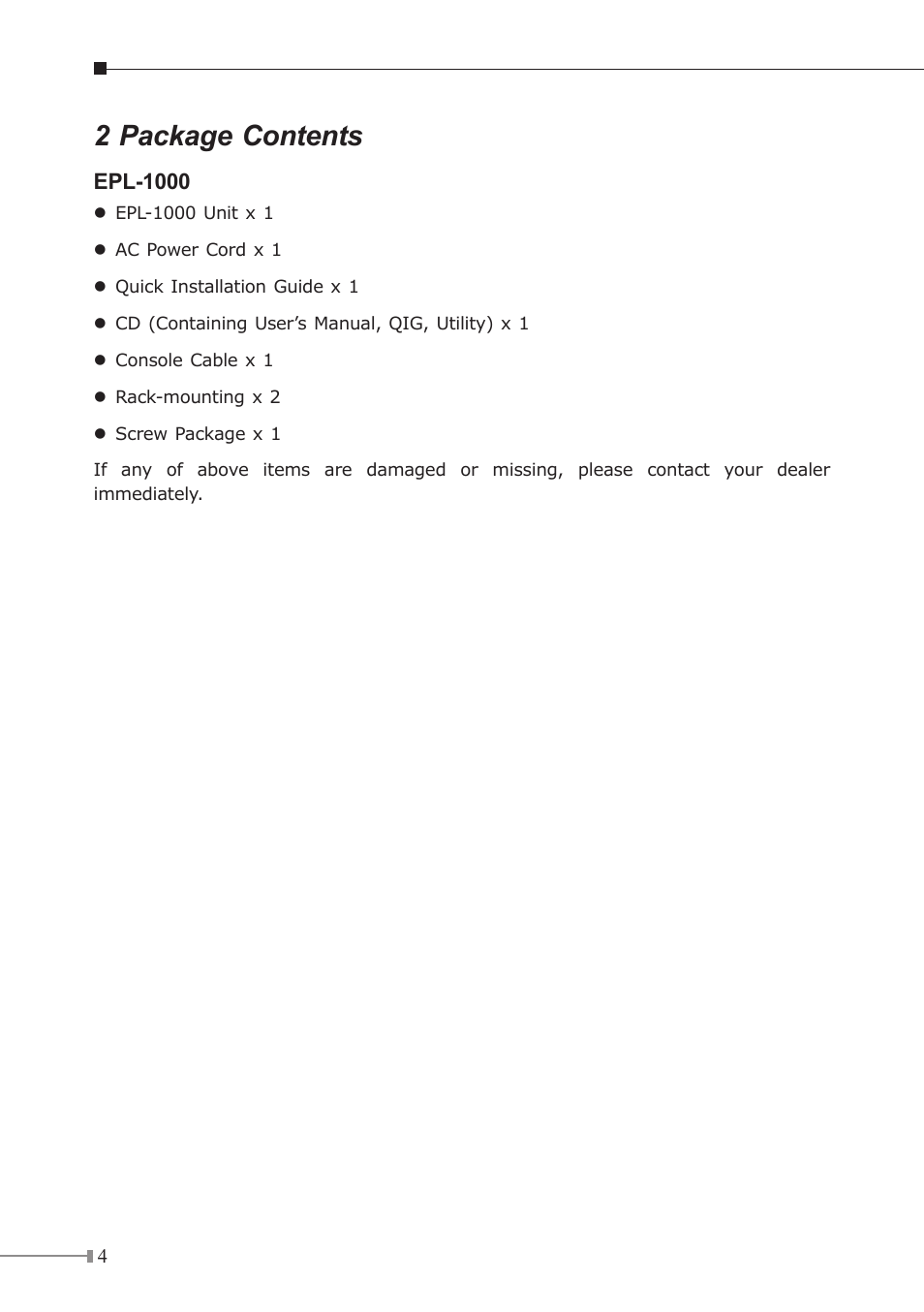 2 package contents | PLANET EPL-1000 User Manual | Page 4 / 20