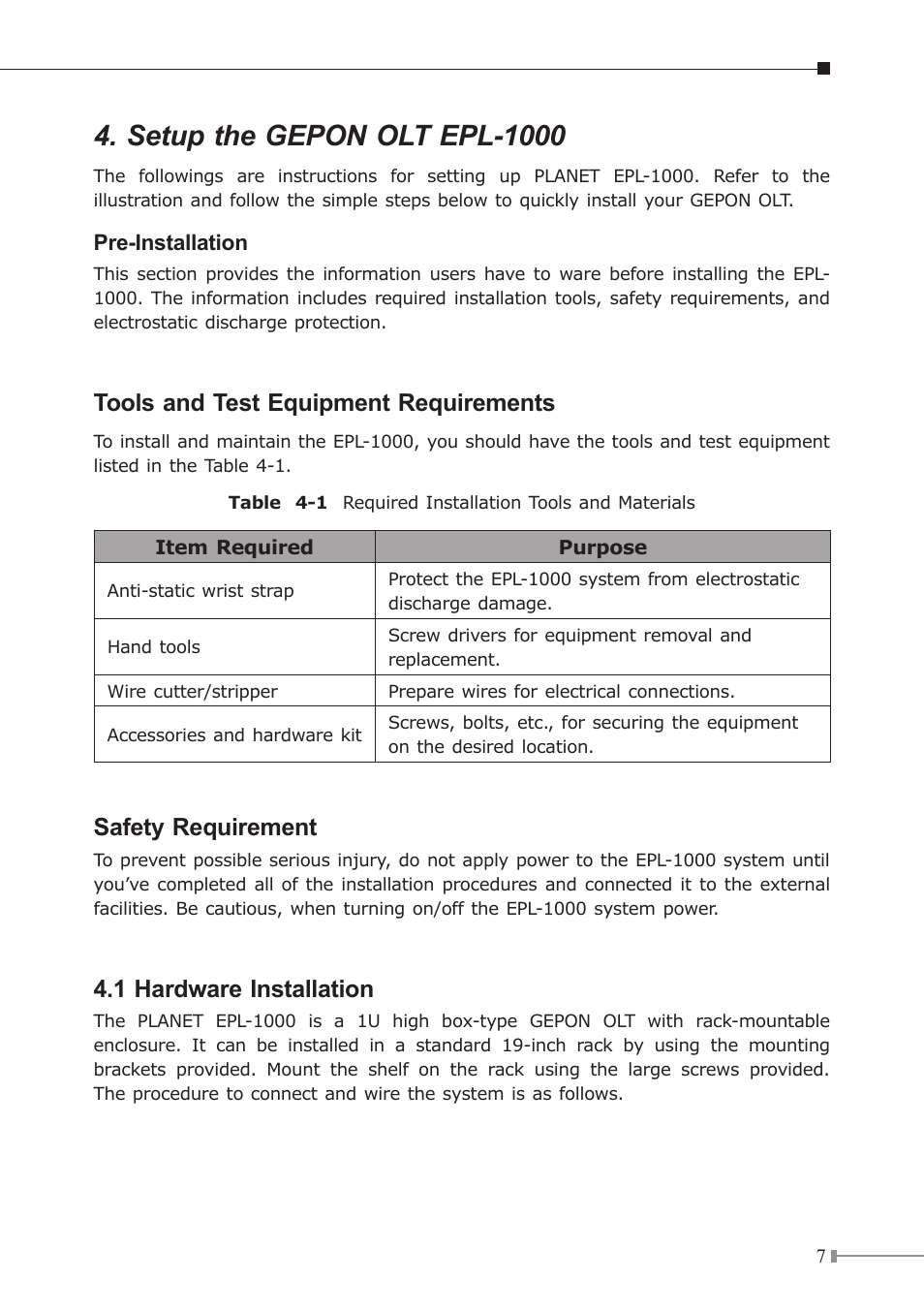 Setup the gepon olt epl-1000, Tools and test equipment requirements, Safety requirement | 1 hardware installation | PLANET EPL-1000 User Manual | Page 7 / 20