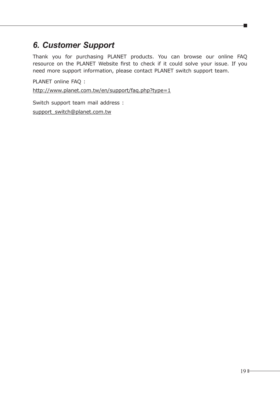 Customer support | PLANET EPL-2000 User Manual | Page 19 / 20