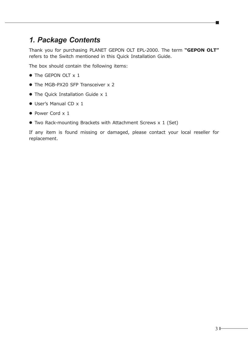 Package contents | PLANET EPL-2000 User Manual | Page 3 / 20