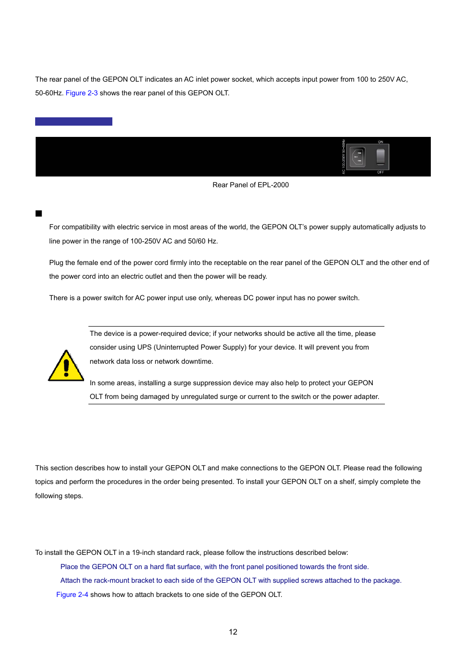 3 olt rear panel, 2 installing the olt, 1 rack mounting | PLANET EPL-2000 User Manual | Page 12 / 81