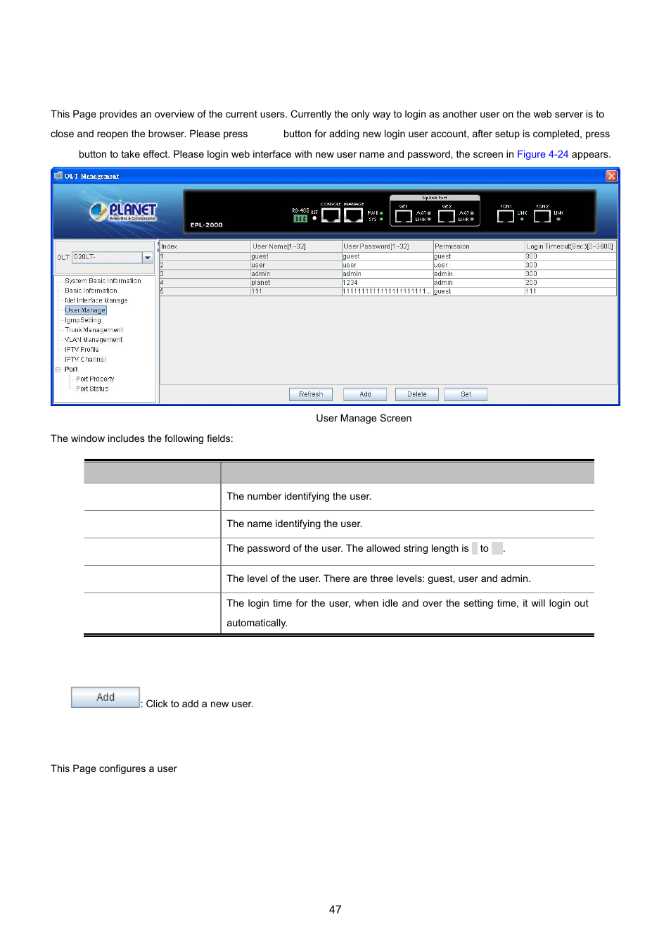 4 user manage, 4 user management | PLANET EPL-2000 User Manual | Page 47 / 81