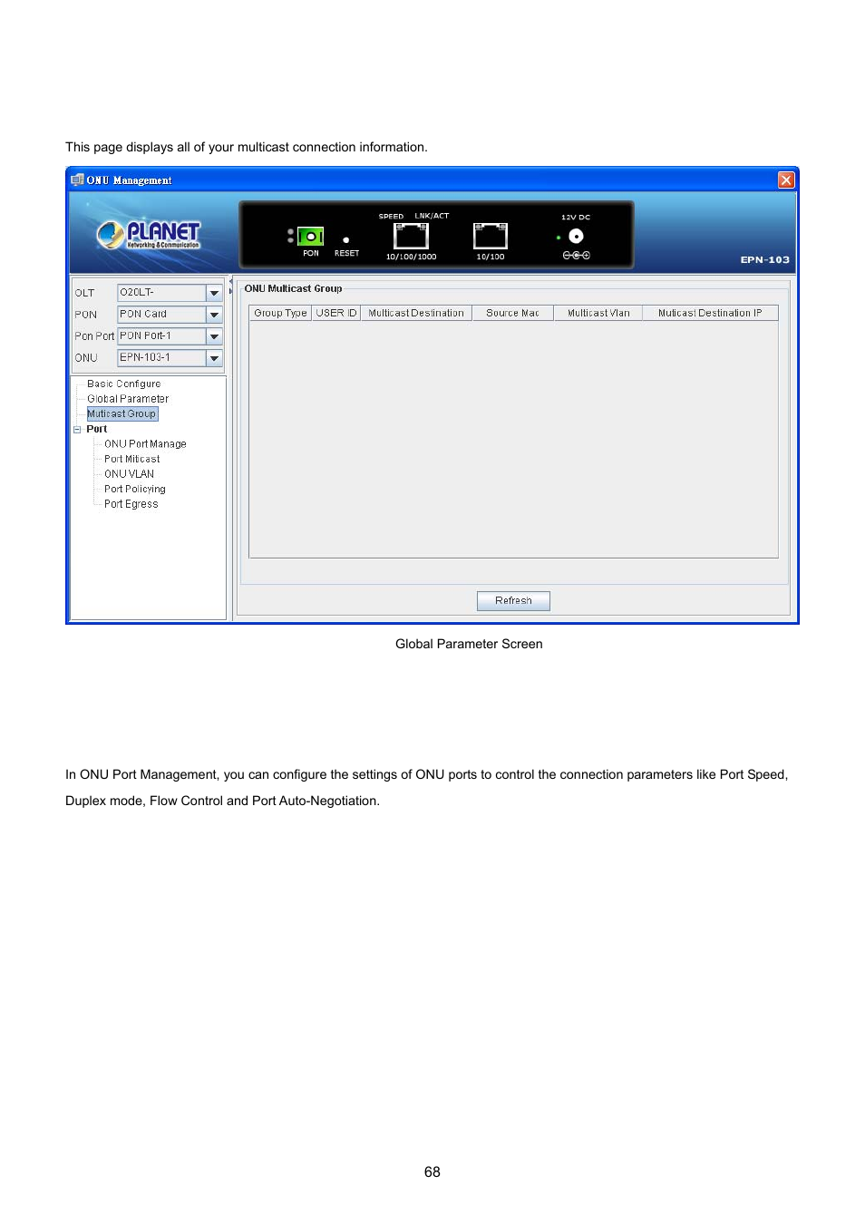 3 onu multicast group, 4 onu port management | PLANET EPL-2000 User Manual | Page 68 / 81