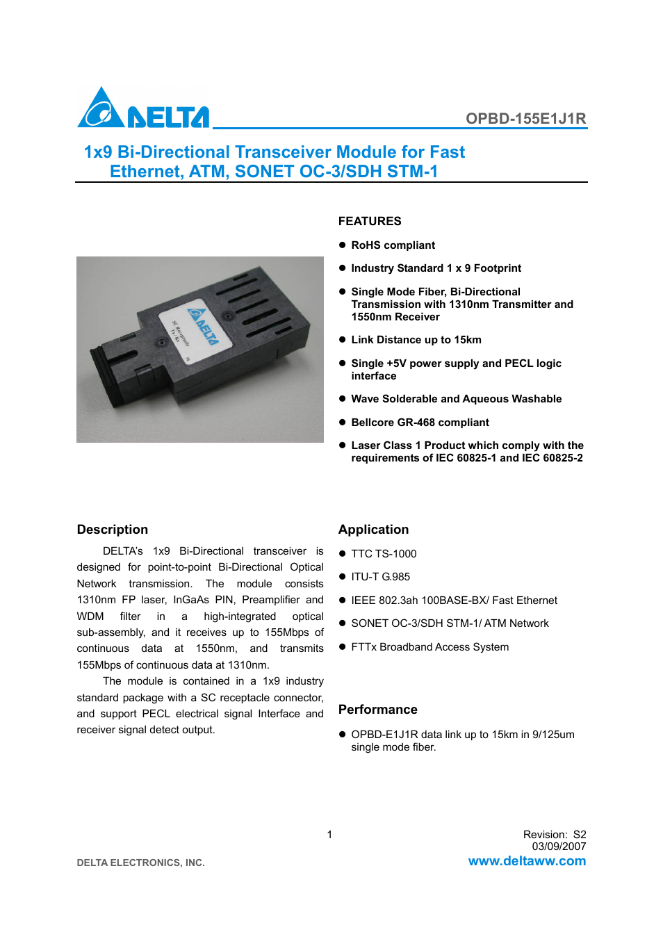 Delta Electronics 1x9 Bi-Directional Transceiver Module OPBD-155E1J1R User Manual | 7 pages